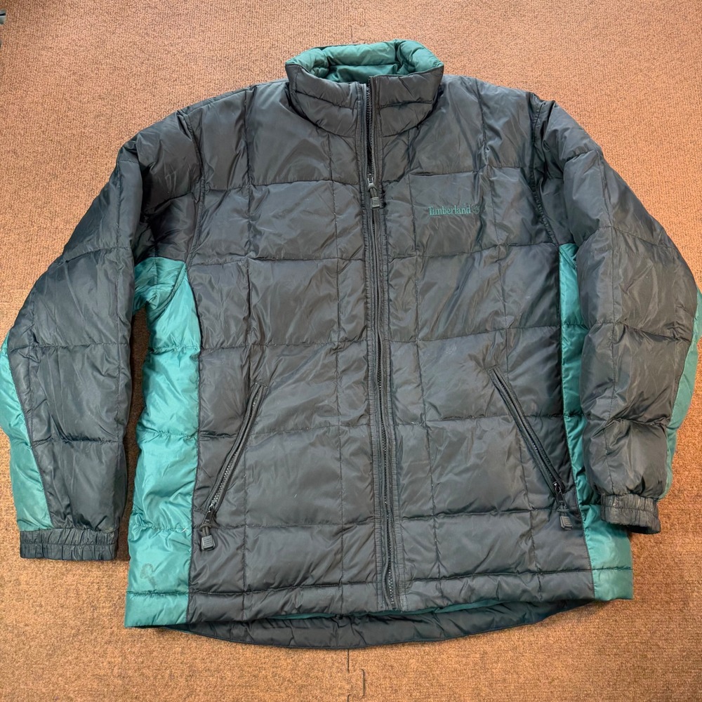 Timberland Vintage 90s Puffer Jacket Mens Large Green Black Quilted 1997 Holiday